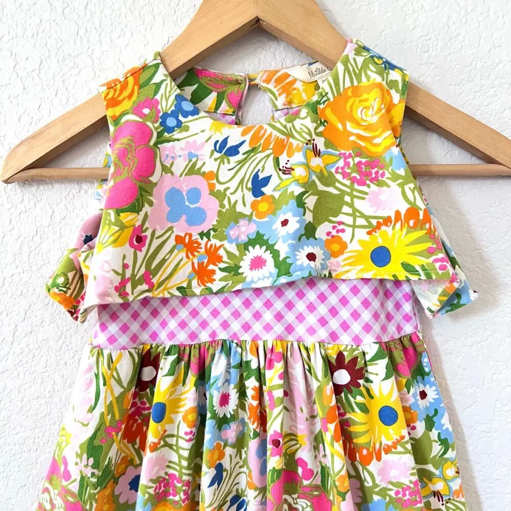 Matilda Jane Far Out Dress Girls 6 Floral Maxi Bright Daydream Gingham Trim
